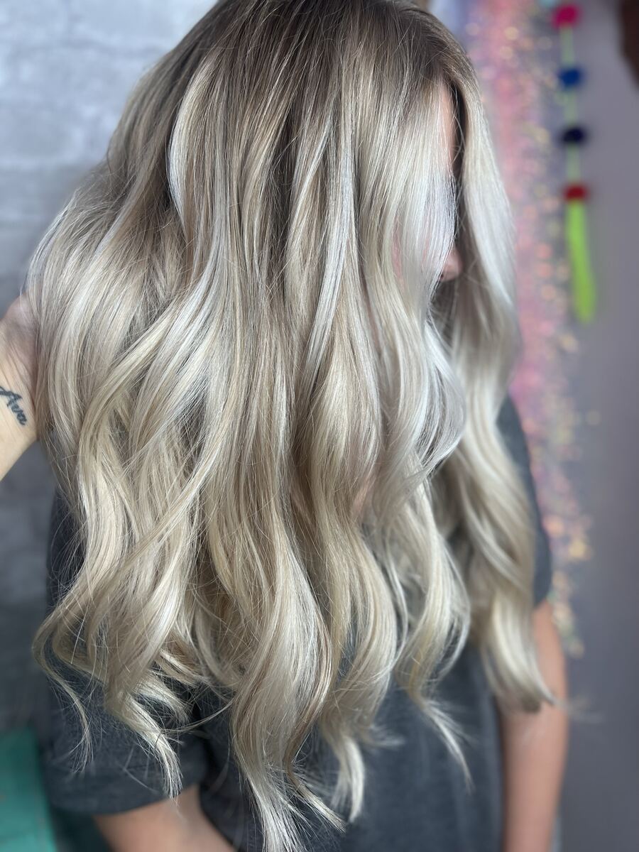 Soft blonde balayage, long layers